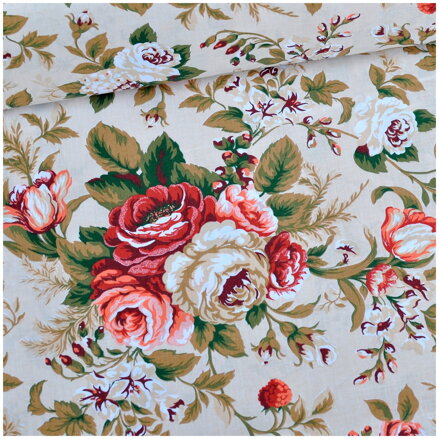 Kytice ruží a maliny na béžovom - cotton fabric Kytice ruží a maliny na béžovom - cotton fabric