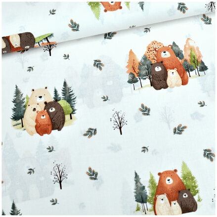 Medvedia rodina v lese na krémovom - cotton fabric Medvedia rodina v lese na krémovom - cotton fabric
