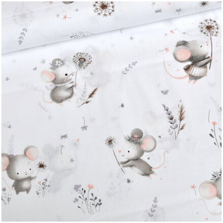 Myši s púpavami na bielom - cotton fabric Myši s púpavami na bielom - cotton fabric