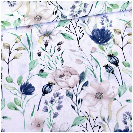 Ružovo modré kvety s makovicou - cotton fabric