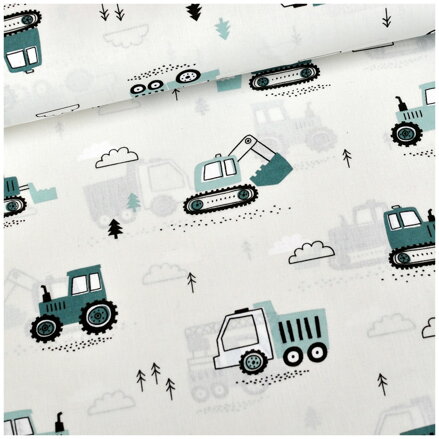 Traktor, bager, žeriav na smotanovom - cotton fabric Traktor, bager, žeriav na smotanovom - cotton fabric