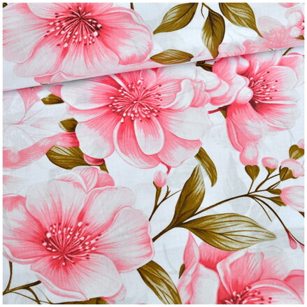 Veľká ružová magnólia na bielom - šírka 220cm - cotton fabric Veľká ružová magnólia na bielom - šírka 220cm - cotton fabric