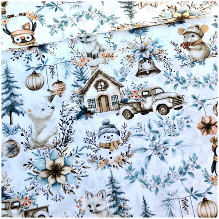 Vianočný les šedo-béžový na bielom - cotton fabric Vianočný les šedo-béžový na bielom - cotton fabric