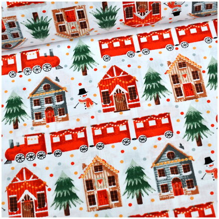 Vláčik a domy na bielom - cotton fabric Vláčik a domy na bielom - cotton fabric